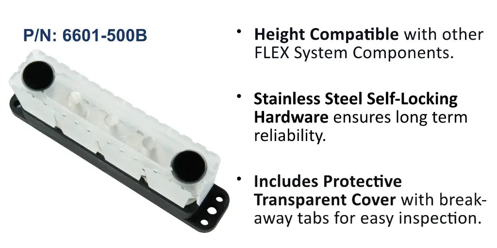 EGIS 6601-500 PowerBar five-stud busbar, clear cover with black caps, angled from the end, with feature text