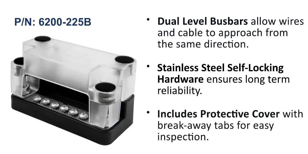 EGIS 6200-225 200A dual level busbar, 11 screw terminals under a clear cover on a black base, front view