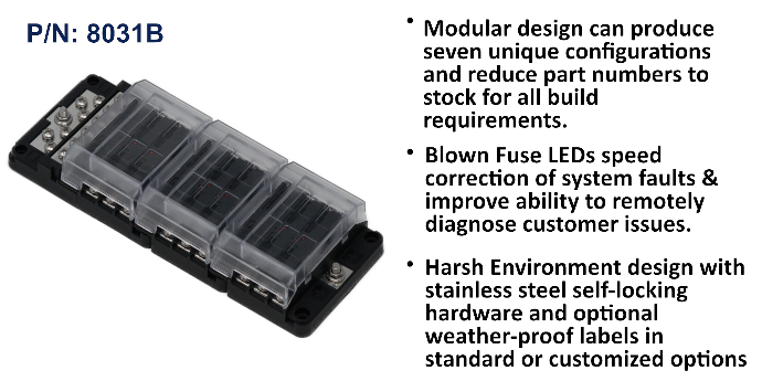 EGIS RT series 8031B 18-way fuse block, long black base with three clear covers and ground bus, plus feature text