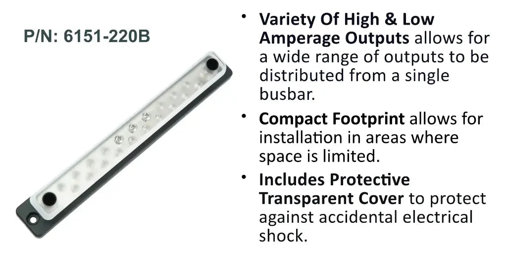 EGIS 6151-220 150A common busbar with clear cover, two studs and twenty screw terminals, long angled view