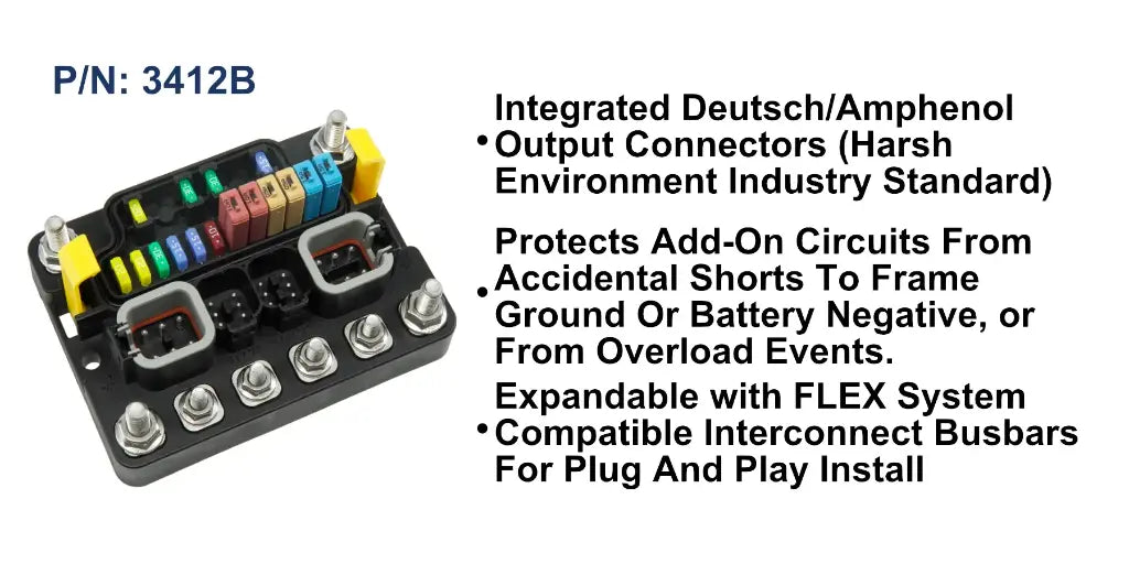 EGIS MT Series 3412 12-way sealed fuse block, 250A, coloured fuses, two Deutsch connectors and stud terminals