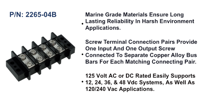 EGIS 2265-04 65A four-circuit terminal block, black barrier strip with large screw terminals, angled view