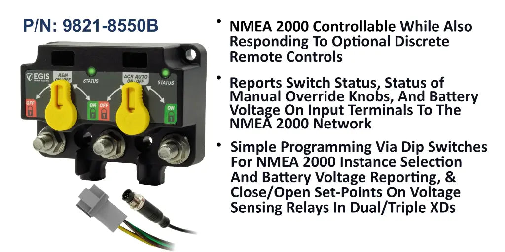 EGIS 9821-6550B XD NMEA 2000 dual relay with two override knobs, M12 network cable below, with NMEA feature list