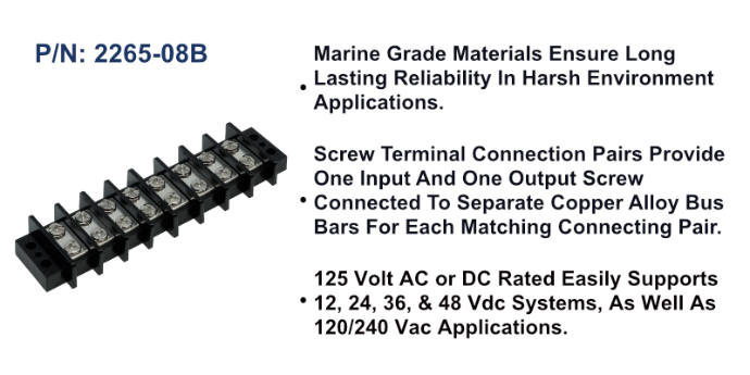 EGIS 2265-08 65A eight-circuit terminal block, black barrier strip with large screw terminals, angled view