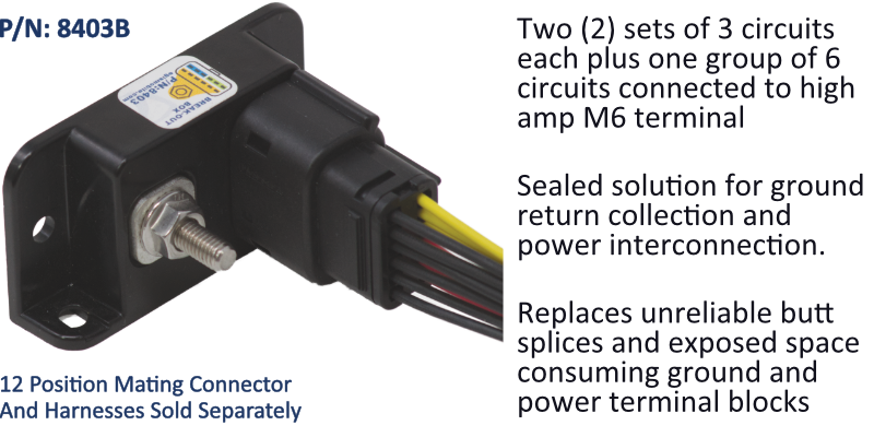 EGIS 8403B sealed break-out box, angled view of M6 stud and black connector with bundle of yellow and black wires