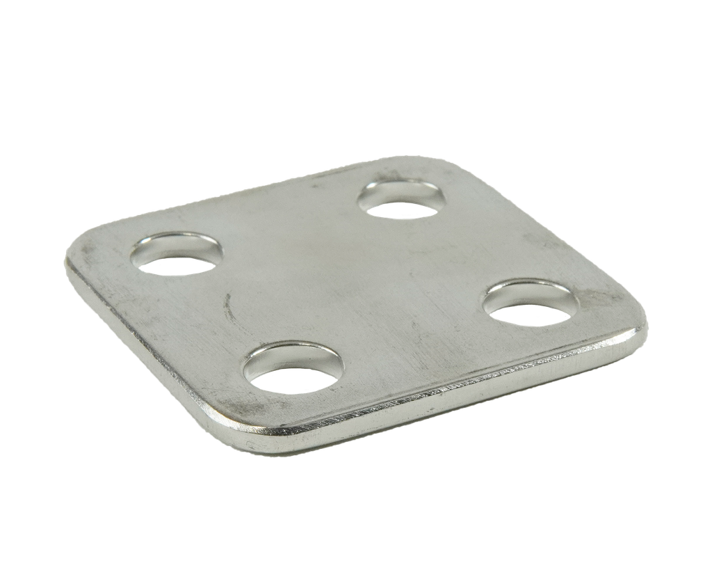EGIS 8794 four-hole quad busbar, square silver metal plate with four mounting holes shown at an angle on black