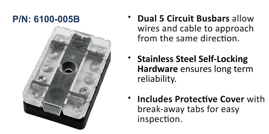 EGIS 6100-005 100A dual busbar with 2 x 5 circuits, clear protective cover over black base, angled view