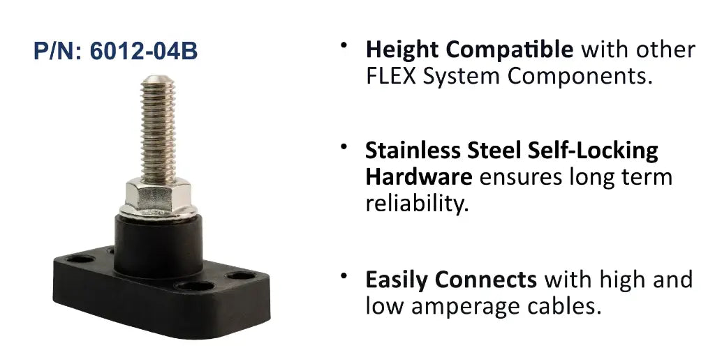 EGIS 6012-04 power post with tall M10 (3/8 inch) stud, black base with two mounting holes, feature list