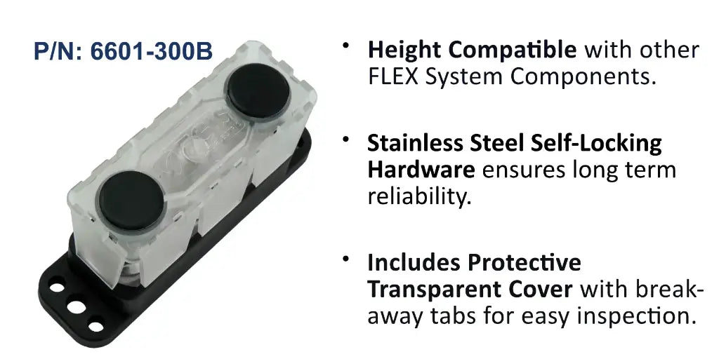 EGIS 6601-300 PowerBar busbar, clear cover with two large black stud caps on black base, three-quarter view