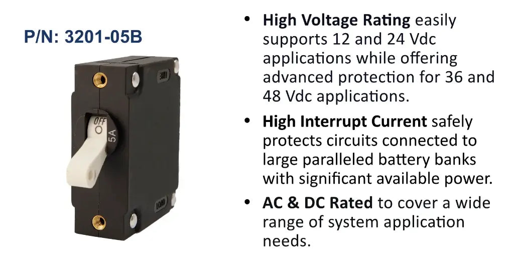 EGIS 3201-05 A Series 5A single pole circuit breaker, brown body with white toggle and brass terminals, front view