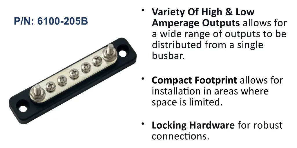 EGIS 6100-205 100A MiniBus busbar, black base with two studs and five screw terminals, no cover, top view