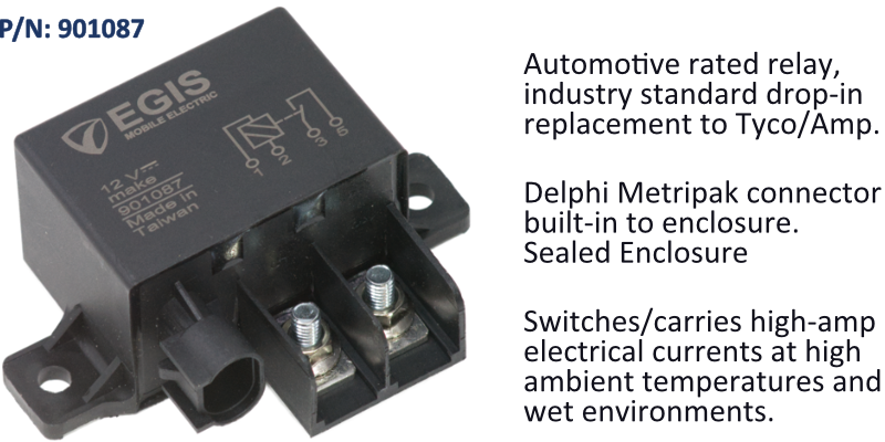 EGIS 901087 180A drop-in relay, black body with mounting tabs and two terminal studs, with feature text beside it