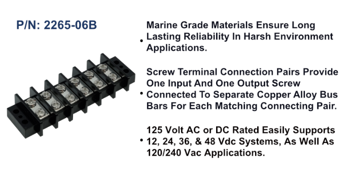 EGIS 2265-06 65A six-circuit terminal block, black barrier strip with large screw terminals, angled view