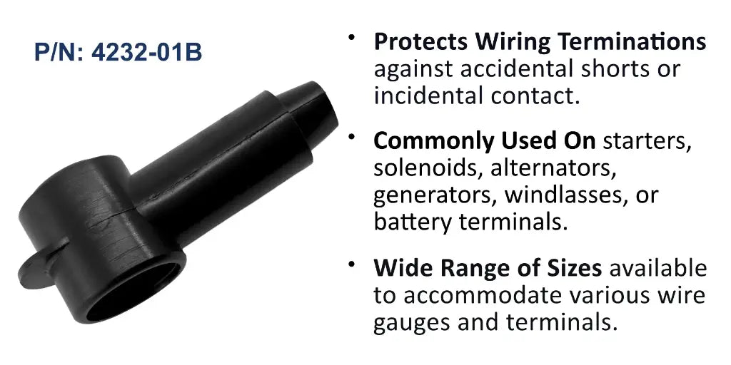 EGIS 4232-01B bulk pack CableCap stud insulator, black, 4/0-3/0 AWG, one large angled boot shown alone