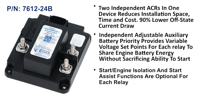 EGIS 7612-24B triple-battery ACR 160A 24V, front-angled black relay with studs, labelled P/N 7612-24B with bullets