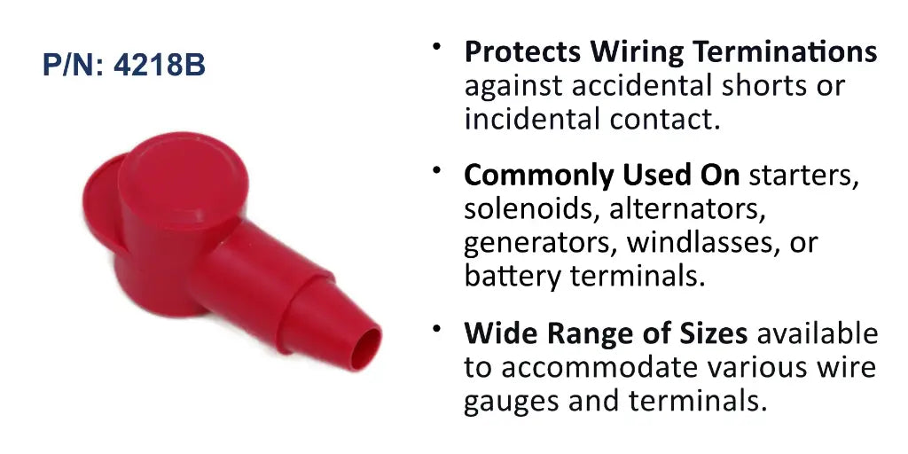 EGIS 4218 CableCap stud insulator, red, 4-8 AWG, angled boot with tapered cable end shown from the side