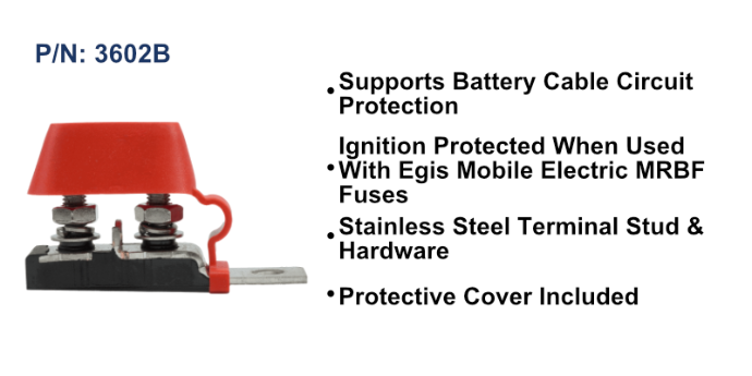 EGIS 3602 MRBF dual output terminal fuse block, red protective cover over two studs, with feature bullet list