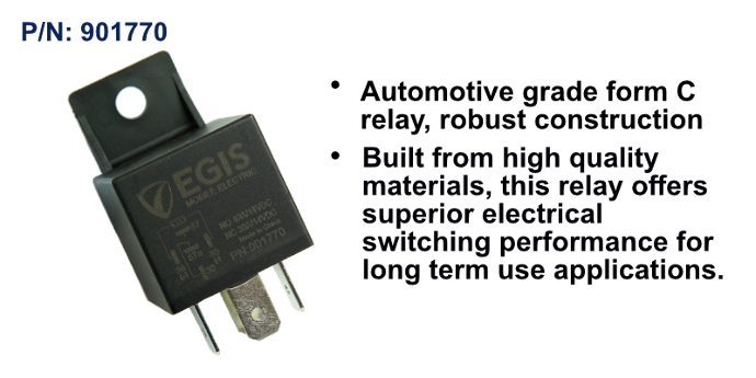 EGIS 901770 40A mini ISO relay, small black cube with mounting bracket and four blade pins, on black background