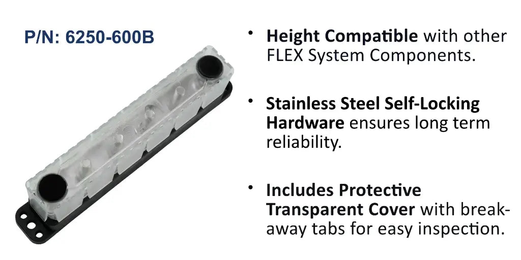 EGIS 6250-600 MaxiBus six-stud busbar in a long clear cover with black stud caps, angled view and feature text