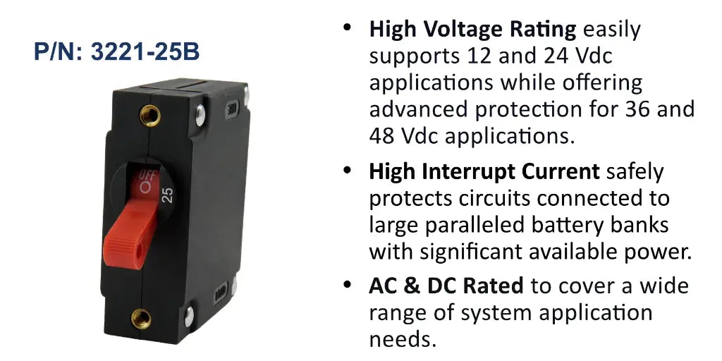 EGIS 3221-25 A Series 25A single pole circuit breaker, black body with red toggle and brass terminals, front view