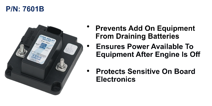 EGIS 7601B TH series time delay relay 160A 12V, black unit with two studs, and three benefit bullets on battery drain