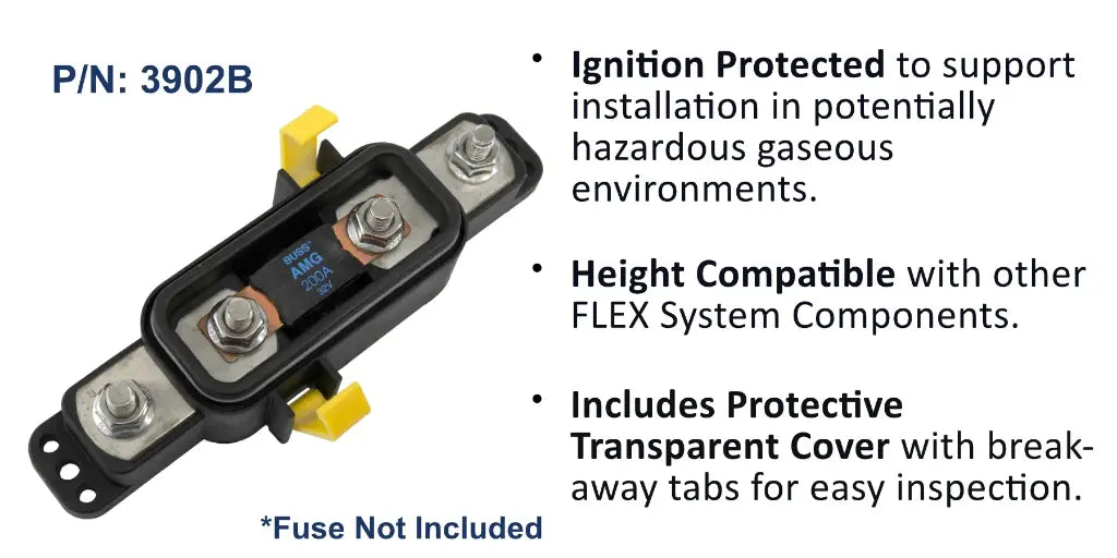 EGIS 3902 sealed AMG/MEGA fuse block with clear cover, yellow tabs and stud terminals; fuse not included