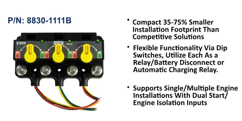 EGIS XD Flex 8830-1111B triple relay/ACR/LVD, black body with three yellow knobs, four studs and three wire tails