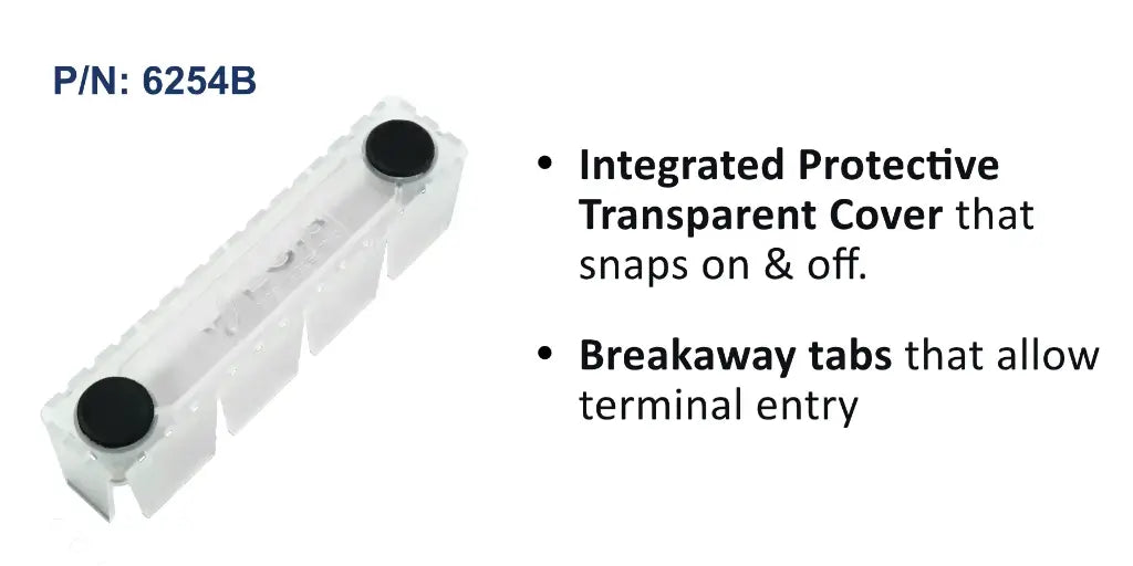 EGIS 6254 clear protective busbar cover with breakaway terminal tabs and two black caps, with feature text