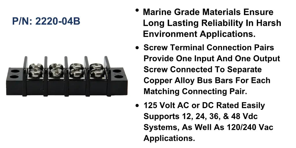 EGIS 2220-04 20A four-circuit terminal block, black barrier strip with screw terminals, front view with features