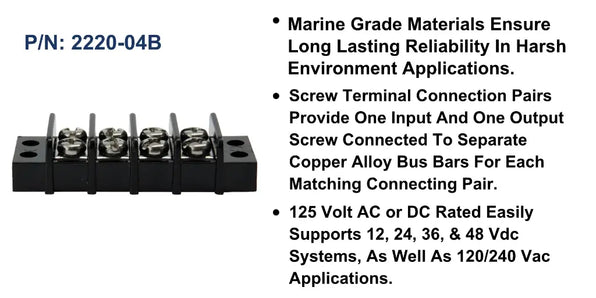 EGIS 2220-04 20A four-circuit terminal block, black barrier strip with screw terminals, front view with features