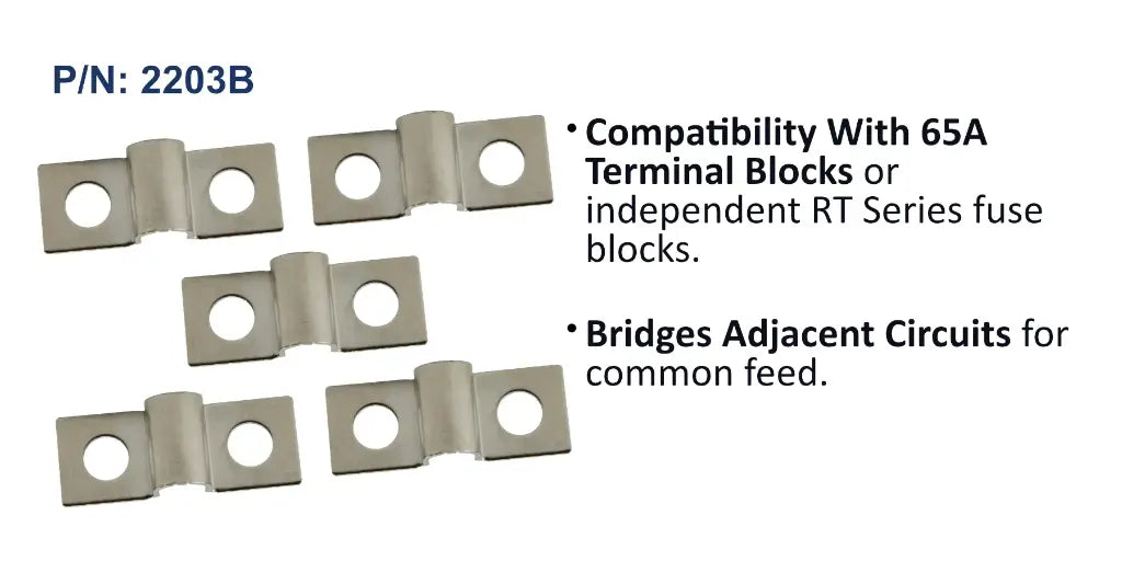 EGIS 2203 terminal block jumpers for 65A blocks, five grey bridging tabs shown flat, with compatibility notes