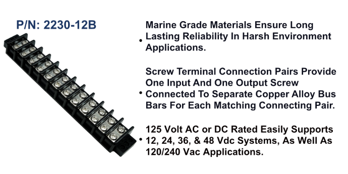 EGIS 2230-12 30A twelve-circuit terminal block, long black barrier strip with twelve screw pairs, diagonal view