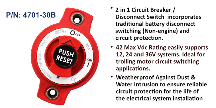 EGIS 4701-30 mini battery switch and 30A circuit breaker, red housing, black push reset knob, front view