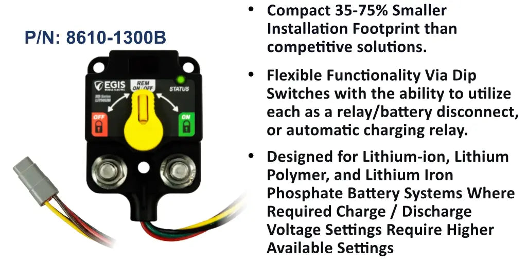 EGIS XD Flex L 8610-1300B lithium relay or ACR with yellow knob, red and green markers, grey connector on wire tails