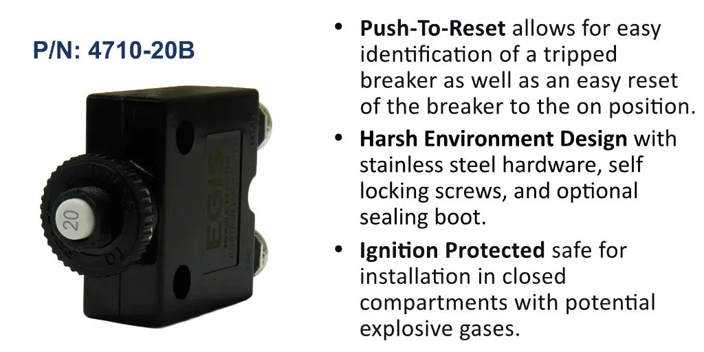 EGIS 4710-20 20A push-to-reset circuit breaker, black body with knurled button marked 20, features list beside it