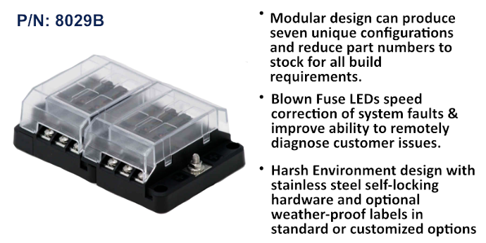 EGIS RT series 8029B 12-way LED fuse block, twin-row black base with clear cover, ground stud and descriptive bullets