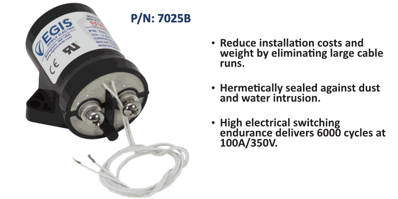 EGIS 7025B 100A 24V side mount sealed contactor, round body with two terminals and white leads, green panel