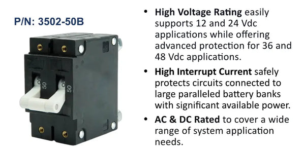 EGIS C Series 3502-050 50A double pole circuit breaker, two white toggles on black body, with feature bullet list