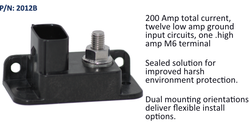 EGIS 2012B sealed 12-position ground busbar, black housing with M8 stud and mounting ears, with feature text