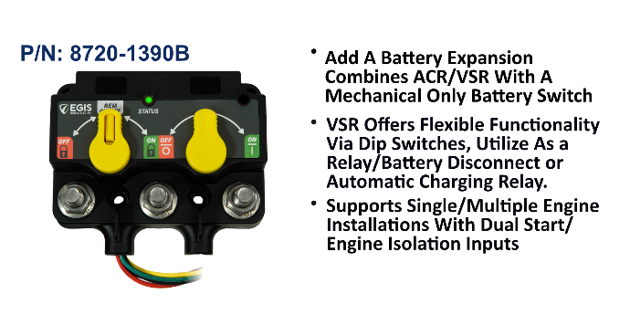 EGIS XD Flex 2 8720-1390B ACR plus battery switch, two yellow knobs on black body, three studs and wire tails, bullets