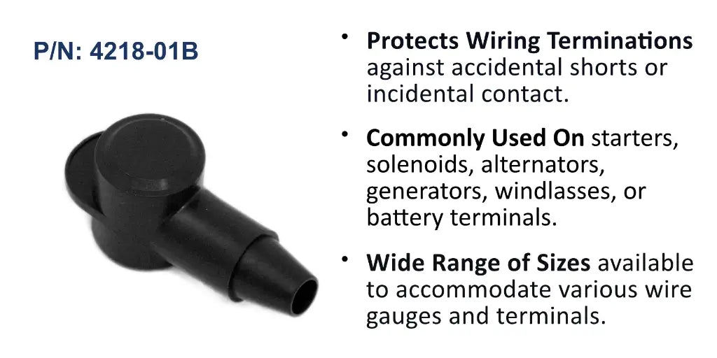 EGIS 4218-01 CableCap stud insulator, black, 4-8 AWG, single angled boot over a terminal stud