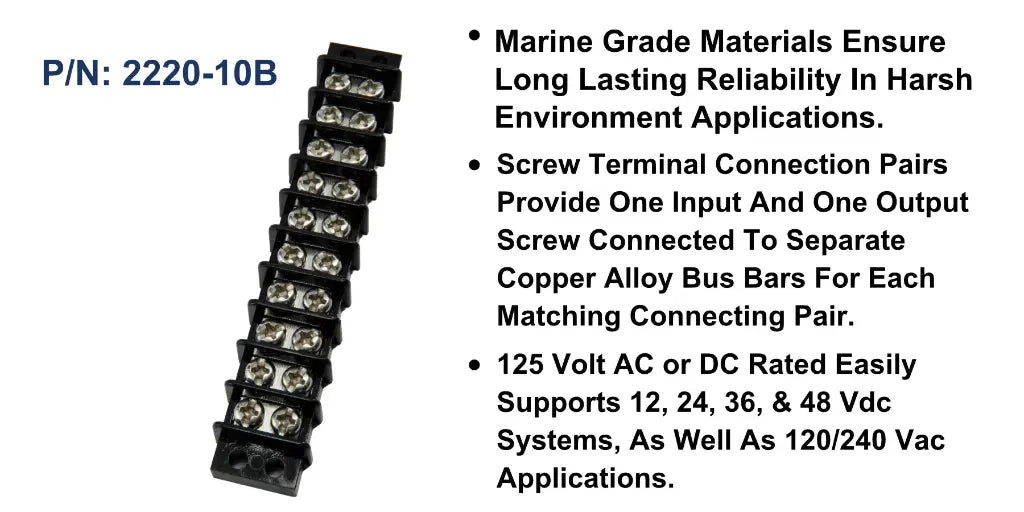 EGIS 2220-10 20A ten-circuit terminal block, long black barrier strip with screw terminals, upright view