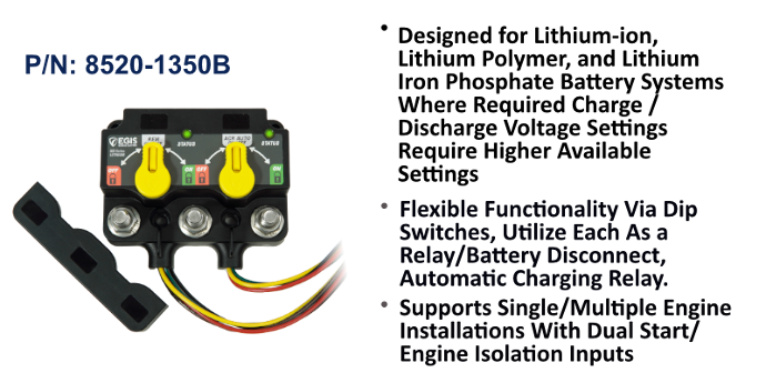 EGIS XD Flex L 8520-1350 dual lithium ACR and relay, black body with two yellow knobs, three studs, wires and mounting plate