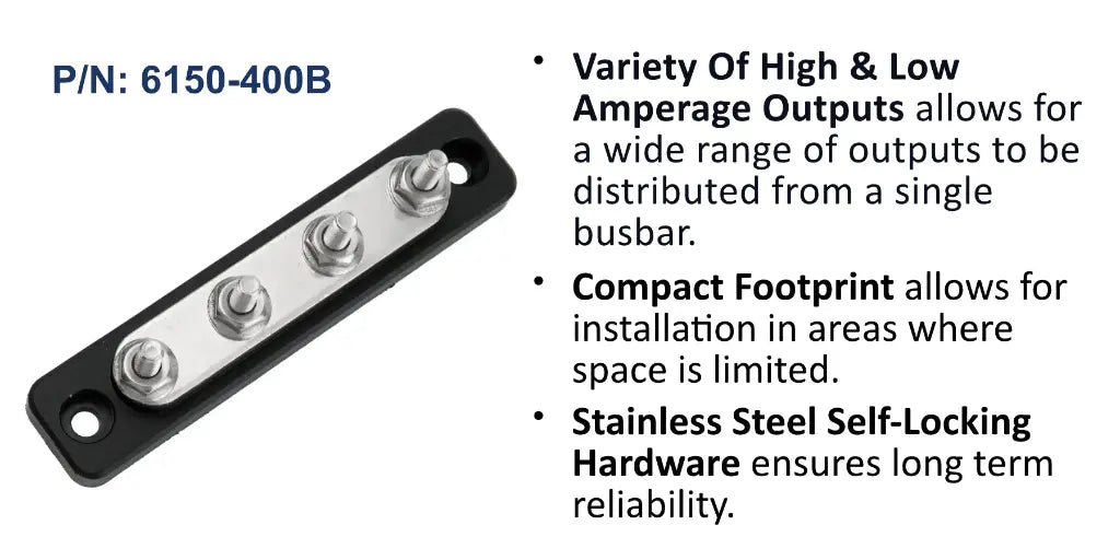 EGIS 6150-400 150A common busbar, black base with four studs and stainless hardware, uncovered, angled view