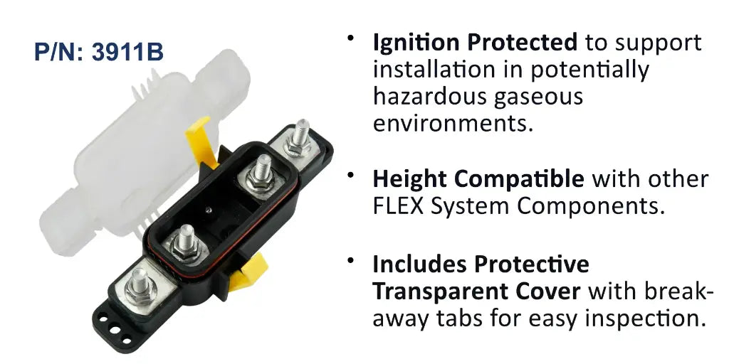 EGIS 3911 sealed Class T fuse block, 110-200A, white translucent holder beside the black block and studs