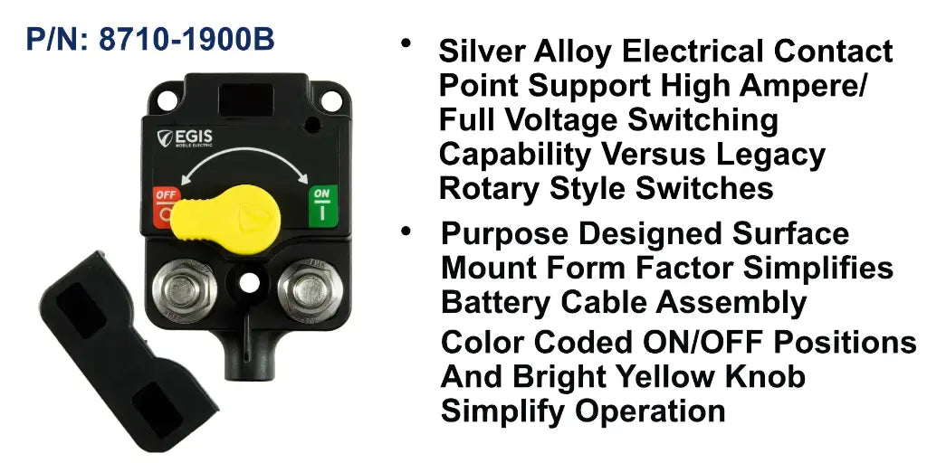 EGIS XD 8710-1900B 500A battery disconnect contactor with yellow knob, ON/OFF markings, studs, plate and silver contact text