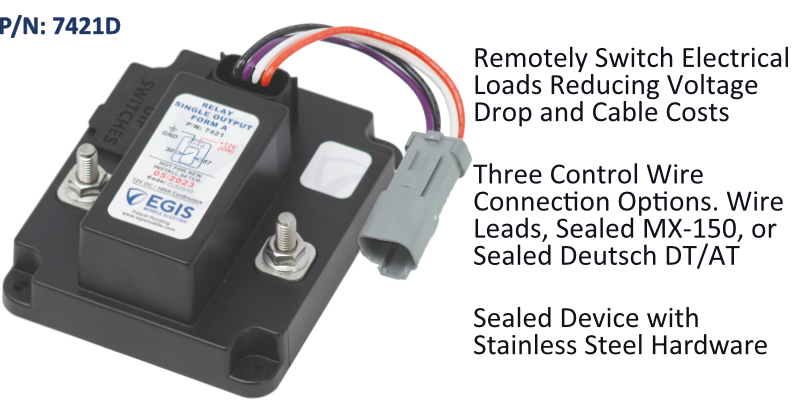 EGIS 7421B 160A single relay 12V bulk pack, with multicoloured wire harness and grey Deutsch plug leading off