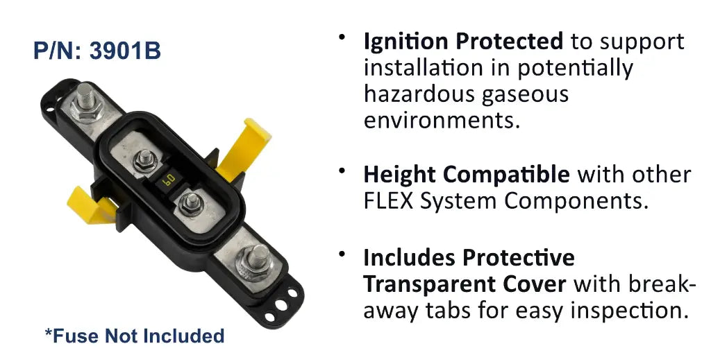 EGIS 3901 sealed MIDI fuse block, 30-200A, with transparent cover, yellow break-away tabs and stud terminals