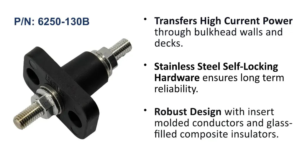 EGIS 6250-130 black M8 feed through terminal with stainless studs and nuts, angled view beside feature bullet text
