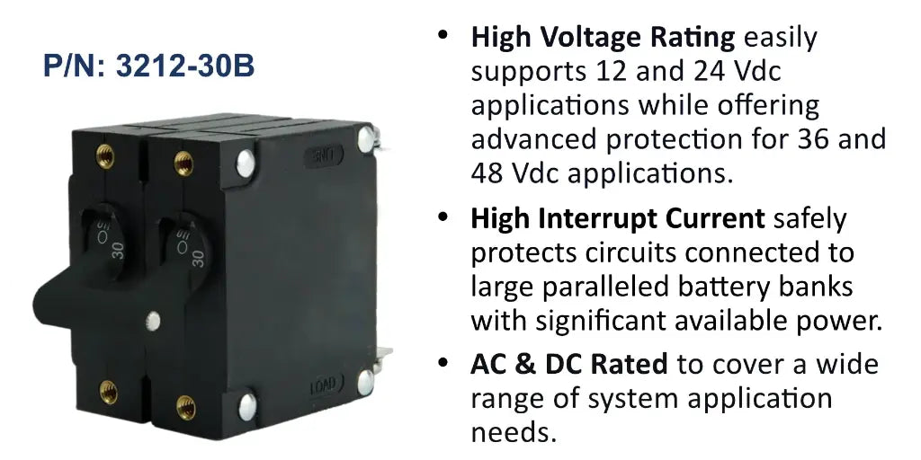 EGIS 3212-30 A Series 30A double pole circuit breaker, black body with two linked black toggles, front view
